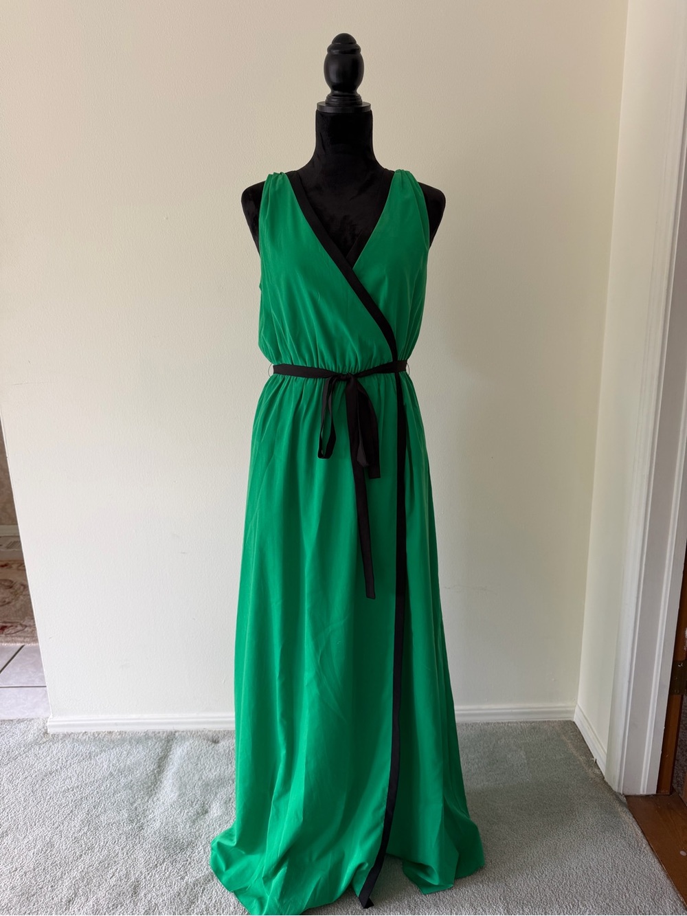 MM Couture Emerald Green Wrap Maxi Dress with Black Trim